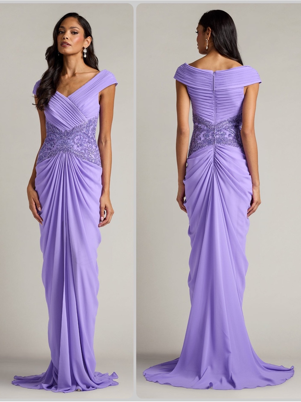 Tadashi Shoji Mihaley Lavender Mist Embroidered Waist Drape Maxi Gown Dress $538 - Picture 11 of 11
